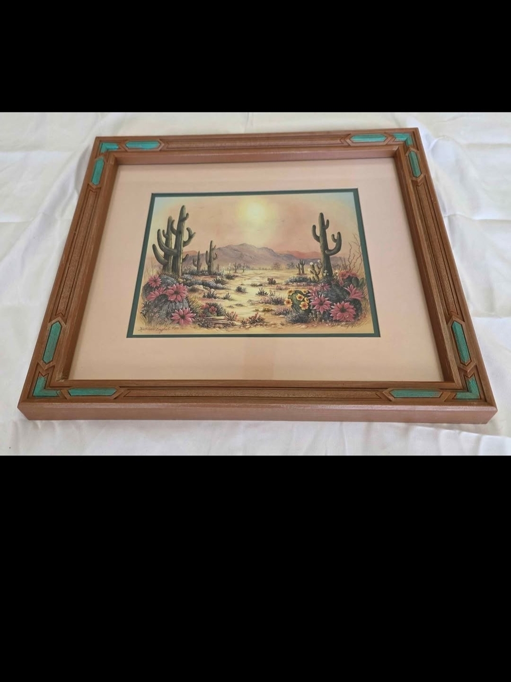 Vintage Kathleen English-Pitts Desert Print HOMCO Faux Wood Frame Teal Accent